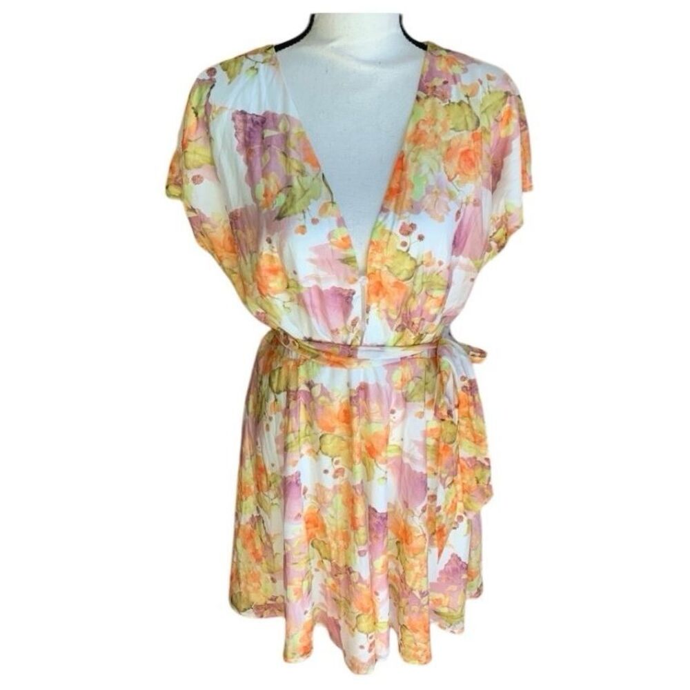Aakaa Babydoll Mini-Dress Low V-Neck, Belted, ‎ S/S Peach, Pink, Green Lg NWT